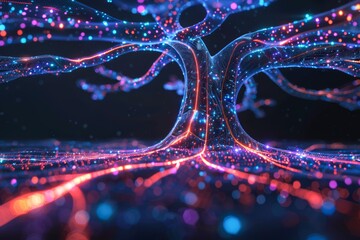 Wall Mural - Visualization of a neural network as an abstract, digital tree with branching pathways and luminous connections, highlighting growth and learning in AI 