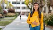© lililia - A young woman wearing a yellow sweater and headphones walks through a university campus with a yellow book in her hand