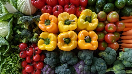 Sticker - Vibrant fresh vegetables assortment, colorful produce display, red bell peppers, yellow peppers, tomatoes, additional ripe tomato, broccoli, cabbage, lettuce, carrots, zucchini, healthy food.