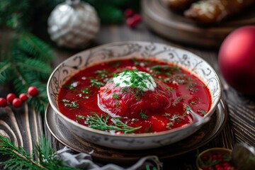 Sticker - Festive bowl of ukrainian borscht garnished with sour cream and dill, surrounded by christmas decorations