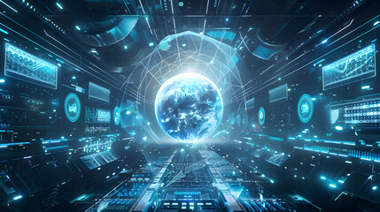 Poster - futuristic digital planet earth space global map technology starry cosmic atmosphere data neural net