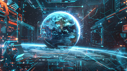 Poster - futuristic digital planet earth space global map technology starry cosmic atmosphere data neural net