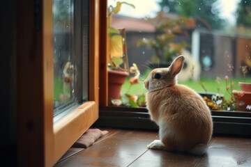 A cute bunny sits by a window, gazing outside at the garden, capturing a serene and contemplative moment in a cozy home.
