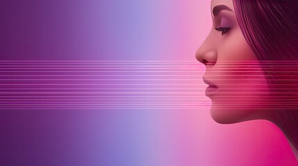 Sticker - A close-up portrait of a woman's profile against a pink and purple gradient background. Horizontal lines run across the image, adding a digital feel