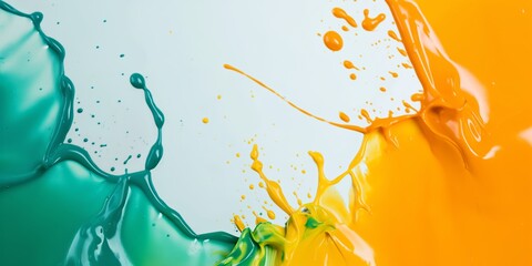 Wall Mural - A splash of green and yellow paint on a white background. The colors are bright and vibrant, creating a sense of energy and excitement. The splatters of paint suggest a sense of movement