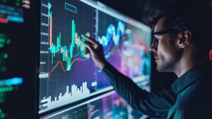 Wall Mural - An analyst pointing at a line graph on a computer screen during a presentation, explaining data trends