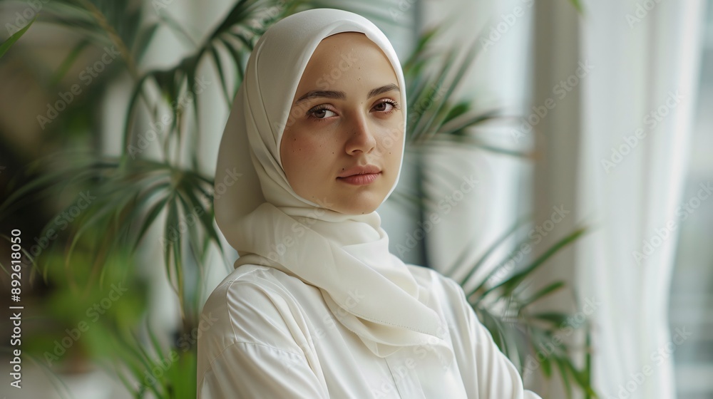 Professional hijab girl portrait, clean minimal office workspace ...