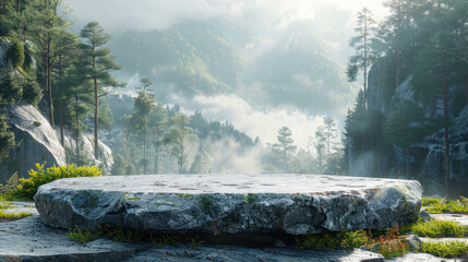 A stone podium on a rock platform in 3D illustration, a grey rock pedestal for displaying products, a forest in the background, and a natural landscape in the distance.