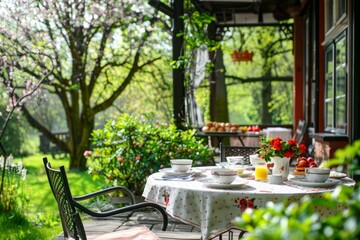 A charming rustic breakfast table set outdoors, adorned with fresh orange flowers, with a serene and inviting countryside garden in the background..