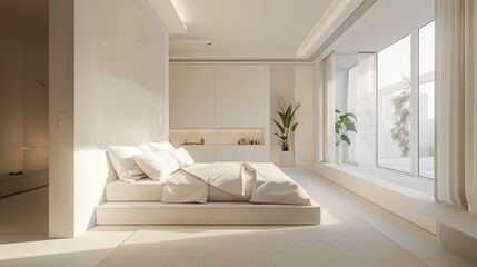 Sticker - Modern white bedroom with sleek furniture, a neutral color scheme, and a calming, clutter-free space.