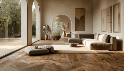 Poster - a spacious lounge with parquet flooring and serene, calming picture decor