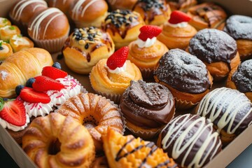 Wall Mural - Close-up of a diverse selection of sweet treats topped with fruits and chocolates