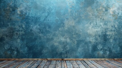 Wall Mural - Empty blue cement wall background with wooden floor for product display and text placement