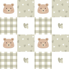 Seamless pattern with hearts and bears on a checkered background. Baby background in a pastel palette. Perfect for  for wrapping paper, clothes, textiles.