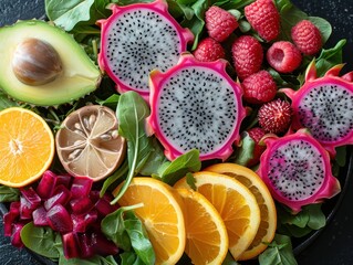 Wall Mural - Delicious and Vibrant Fruit Salad with Dragon Fruit and Raspberries