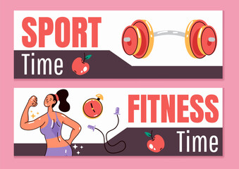 Wall Mural - Sport bodybuilding fitness gym banner poster cards concept. Vector flat graphic design element illustration