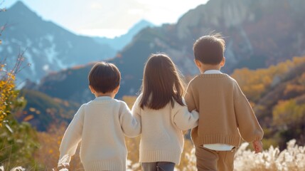 Three children are walking together in an autumnal mountain landscape