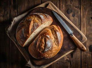 Fresh homemade bread on a cutting board on a rustic table