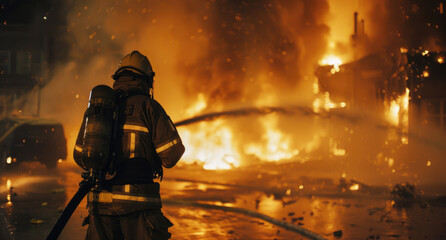 Firefighter in action battling an emergency fire, water spraying from the hose as flames engulfed buildings