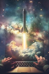 Wall Mural - Rocket Launching from Laptop in Cosmic Background