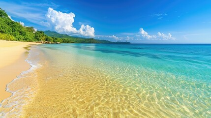 Wall Mural - Beach with clear water, sunny sky, and golden sand, ideal for tourism photo designs