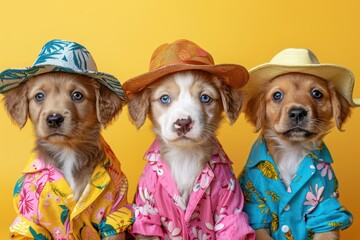 Wall Mural - Three dogs wearing Hawaiian shirts and hats pose for a picture