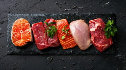 Wall Mural - Close-up of raw meats: veal, beef, pork, chicken, and salmon steak arranged on a black stone background, showcasing freshness and quality