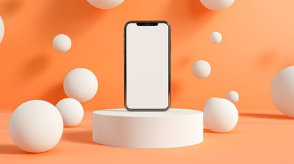 Sticker - A phone is on a pedestal in front of a bunch of white spheres