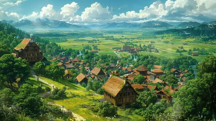 Wall Mural - animation scenic countryside village with mountains background generated with ai