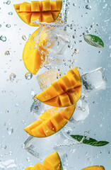 Wall Mural - A bunch of mangoes are floating in a glass of water with ice cubes