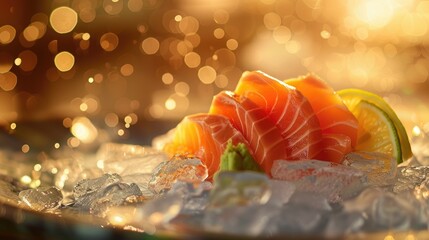 Wall Mural - Elegant sashimi served on ice with warm light at a Japanese restaurant, perfect for backgrounds