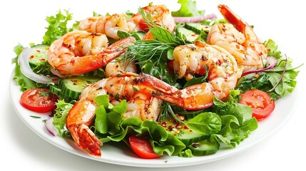 Wall Mural - Fresh green salad featuring grilled shrimp and vegetables, isolated on white background, capturing a vibrant and healthy meal