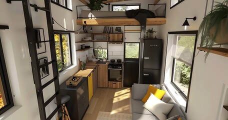 The interior of a tiny home with a modern design featuring a kitchen living area and a loft bed