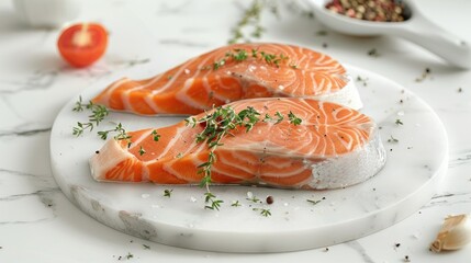 Wall Mural - Fresh salmon steaks with a blend of herbs and spices on white marble, highlighting the quality and flavor of the meal