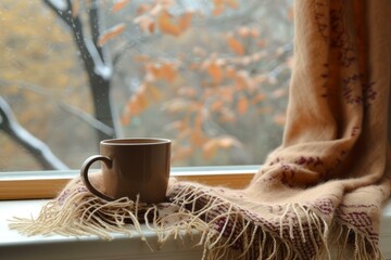 Wall Mural - Warm cup sits by a window on a chilly fall day, evoking coziness