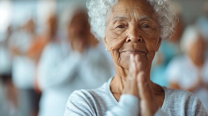 A serene elderly woman with short, curly white hair, posing with her hands in a prayer position, exuding calmness and wisdom in a softly lit environment.