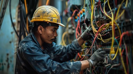 Wall Mural - Maintenance worker repairing electrical systems. 