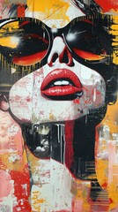 Canvas Print - Abstract poster of a girl in sunglasses with red lipstick on her lips