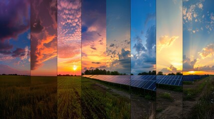 Wall Mural - Montage of photovoltaic panels capturing sunlight at different times of day. 