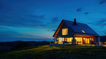 Wall Mural - Night-time photograph of a photovoltaic house illuminated by energy-saving LED lights.