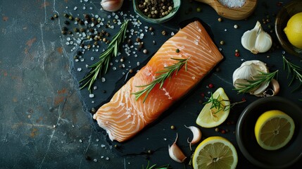 Organic trout fillet on a dark stone background with cooking ingredients like rosemary and lemon. Top view, perfect for culinary visuals