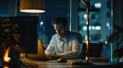 Wall Mural - Office worker working late at night, illuminated by the glow of a computer screen.