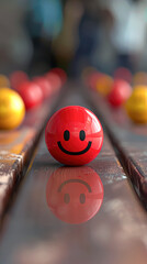 A red ball with a smiley face on it is surrounded by other red balls