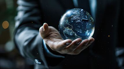 Wall Mural - a holographic globe on a hand. blur man in formal suit in background