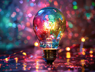 Poster - Glowing light bulb with colorful vignetting effect, emphasizing creative energy and intelligence