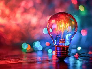 Canvas Print - Glowing light bulb with colorful vignetting effect, emphasizing creative energy and intelligence