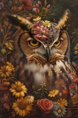 Poster - an owl with flowers on its head