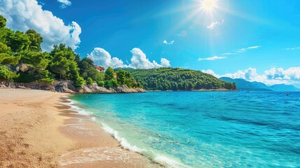 Wall Mural - Sunny beach with blue sea and bright sky, perfect for tourism promotion designs