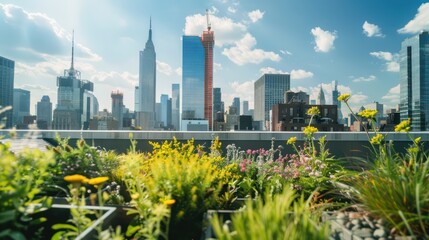 Wall Mural - Rooftop garden on a high-rise building with city skyline in the background.