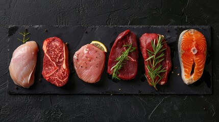 Wall Mural - Top view of a set of raw veal, beef steaks, pork, chicken fillet, and salmon steak on a black stone background, ideal for culinary displays